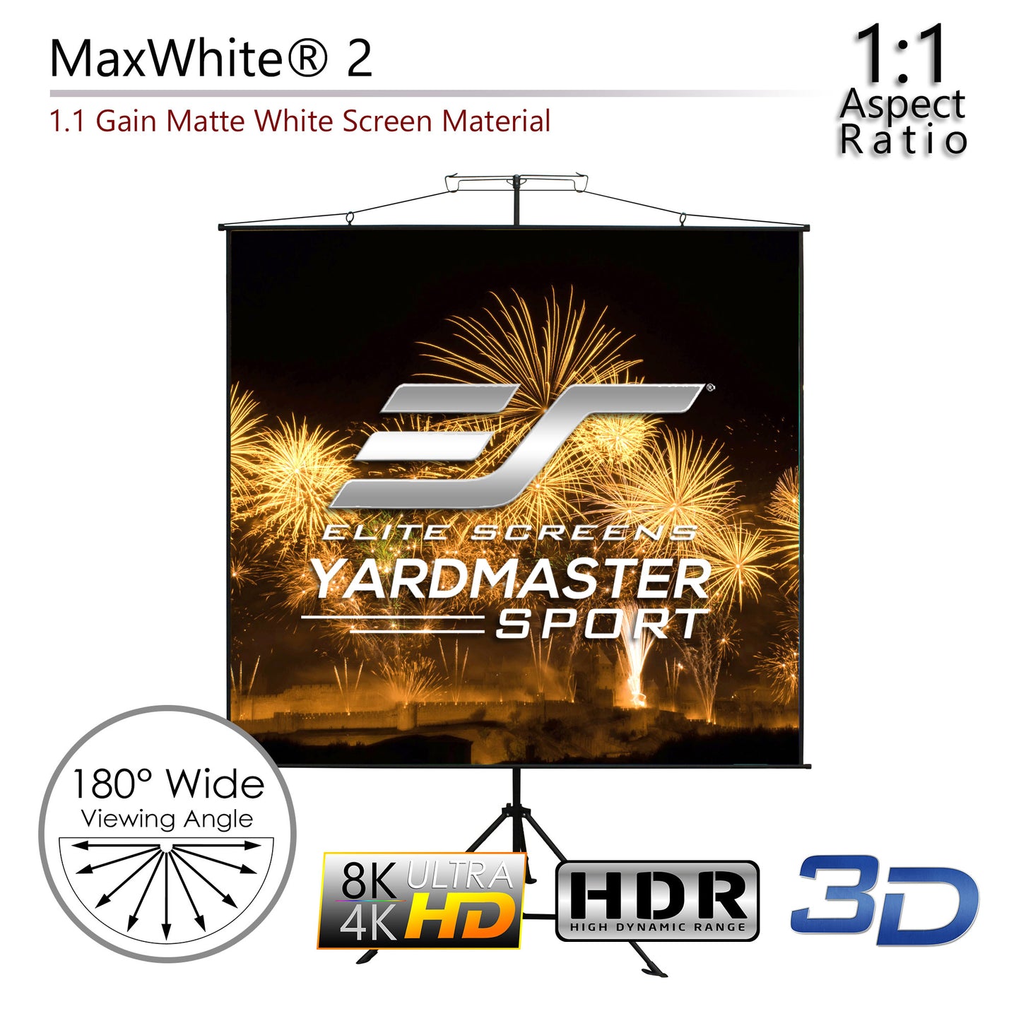 Elite Screens Yardmaster Sport outdoor projector screen with fireworks display on a white background