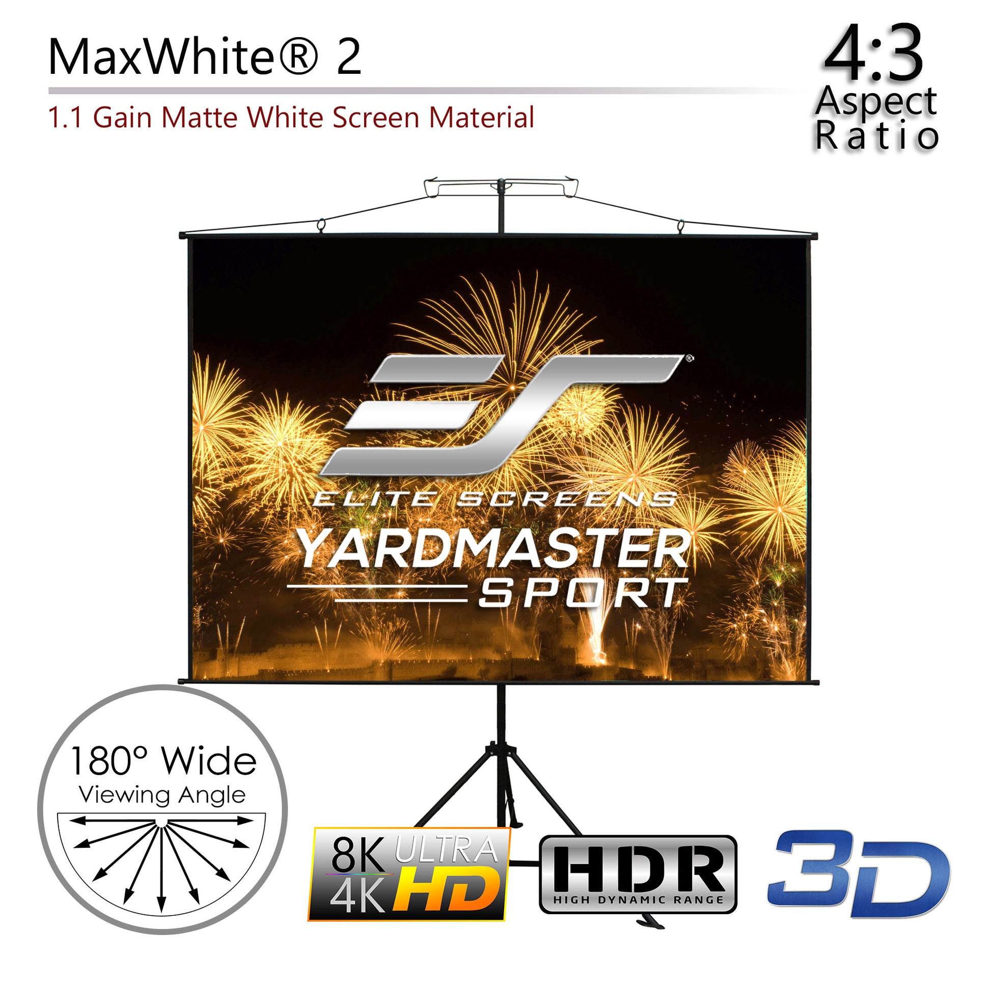 Elite Screens Yardmaster Sport outdoor projector screen with fireworks design on a white background