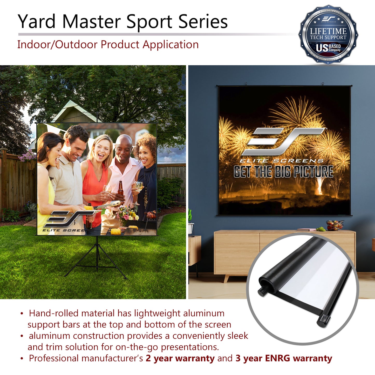 Elite Screens Yard Master Sport Series product application with family outdoor and indoor settings.