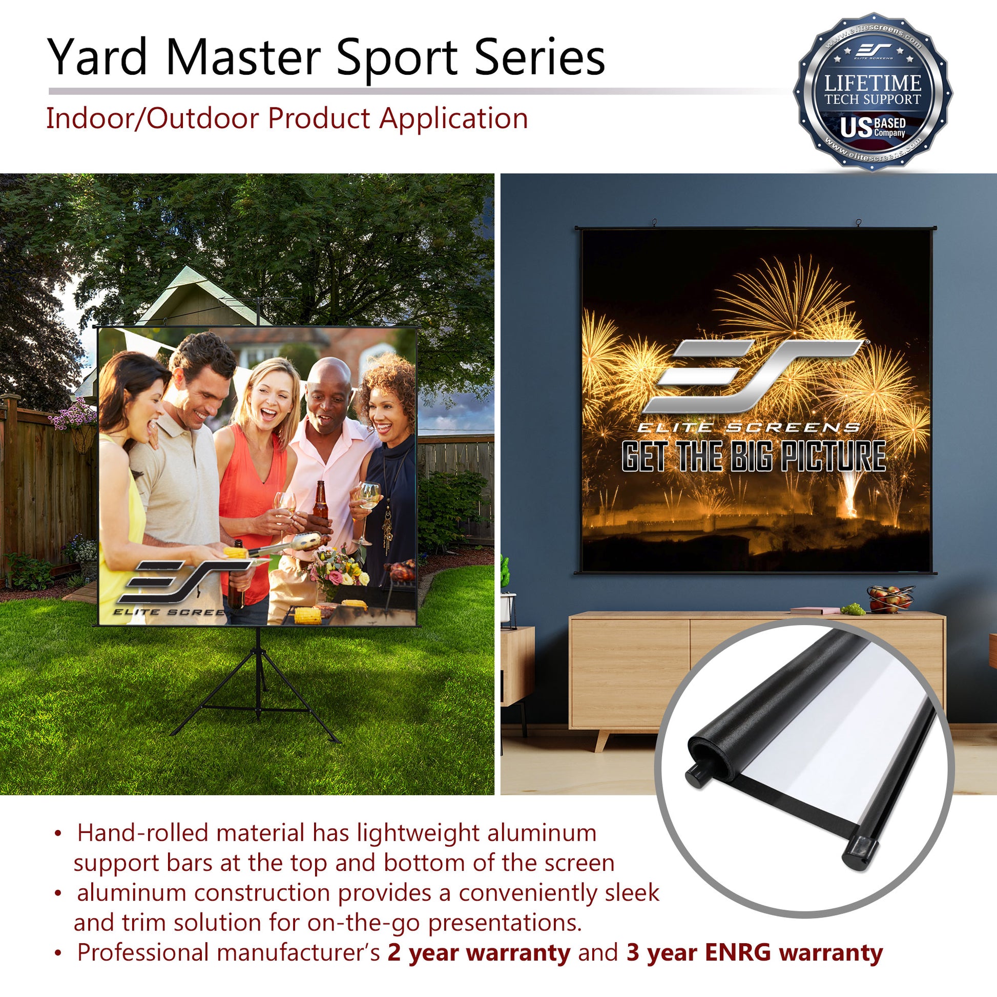 Elite Screens Yard Master Sport Series product application with family outdoor and indoor settings.