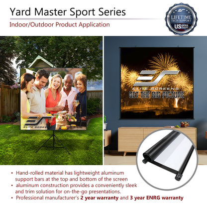 Elite Screens Yard Master Sport Series product application with family outdoor and indoor settings.