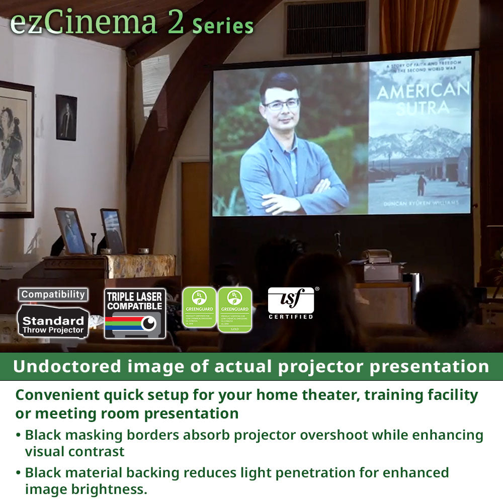 Projector screen displaying a presentation with a person on stage, surrounded by projector equipment.