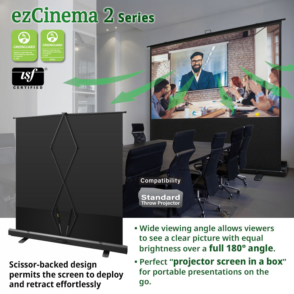 ezCinema 2 Series projector screen with a conference room setup and USF certification logos.