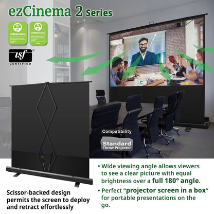 ezCinema 2 Series projector screen with a conference room setup and USF certification logos.