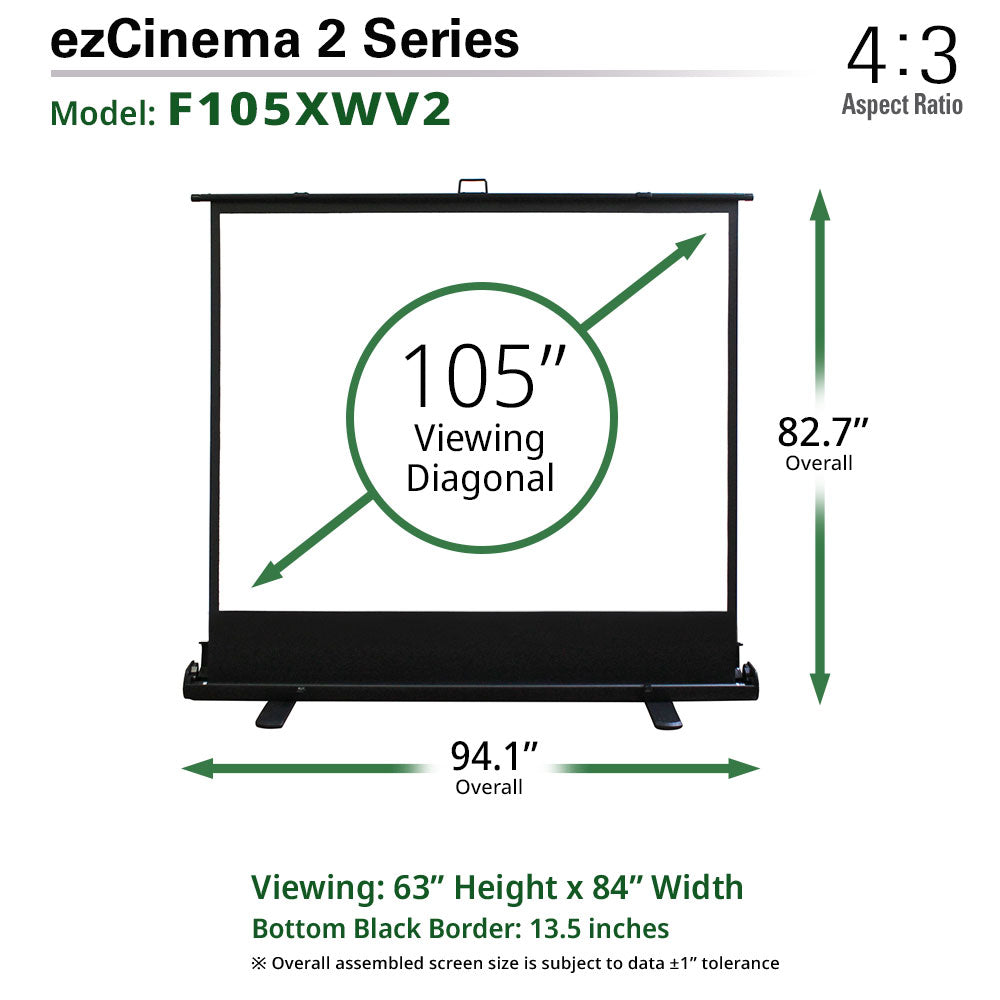 ezCinema 2 Series projector screen with dimensions and specifications on a white background