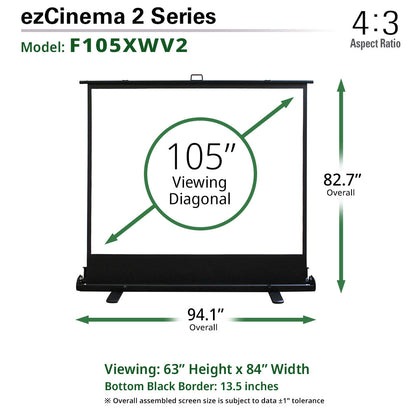 ezCinema 2 Series projector screen with dimensions and specifications on a white background