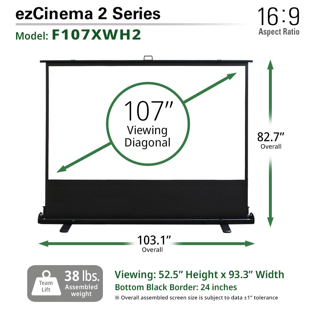 ezCinema 2 Series projector screen with dimensions and specifications on a white background