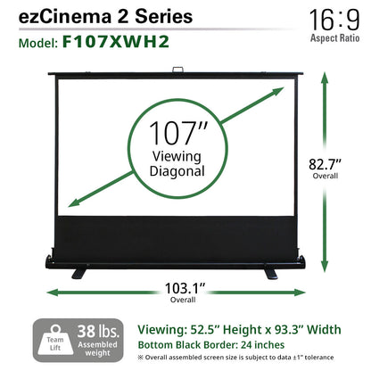 ezCinema 2 Series projector screen with dimensions and specifications on a white background