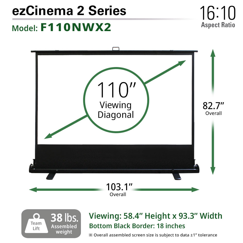 ezCinema 2 Series projector screen with dimensions and specifications on a white background
