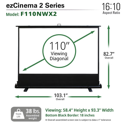 ezCinema 2 Series projector screen with dimensions and specifications on a white background
