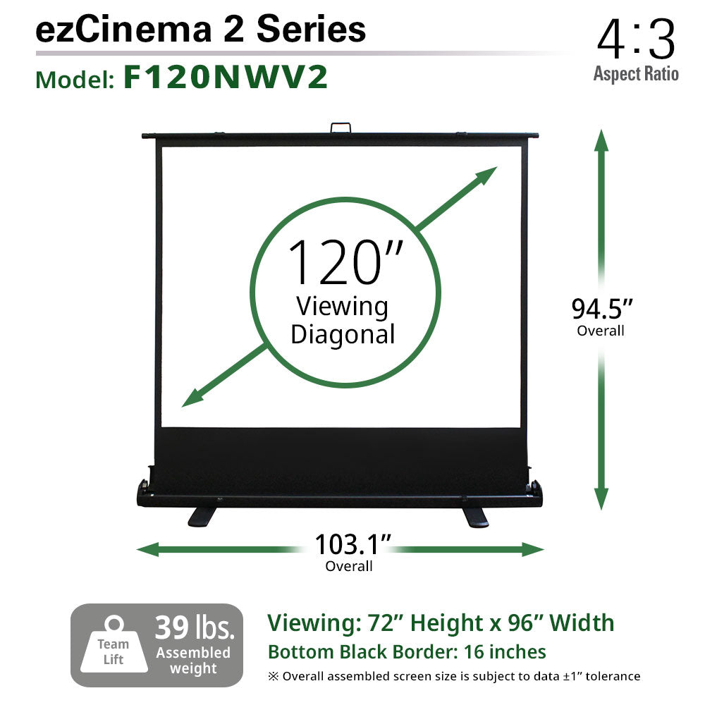 ezCinema 2 Series projector screen with dimensions and specifications on a white background