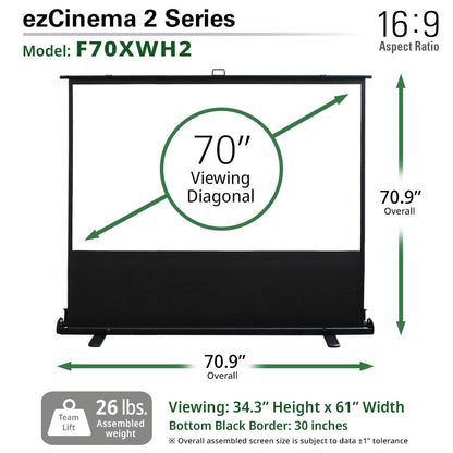 ezCinema 2 Series projector screen with dimensions and specifications on a white background