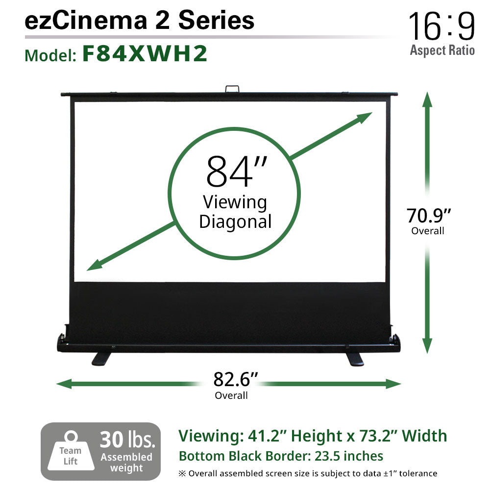 ezCinema 2 Series projector screen with dimensions and specifications on a white background