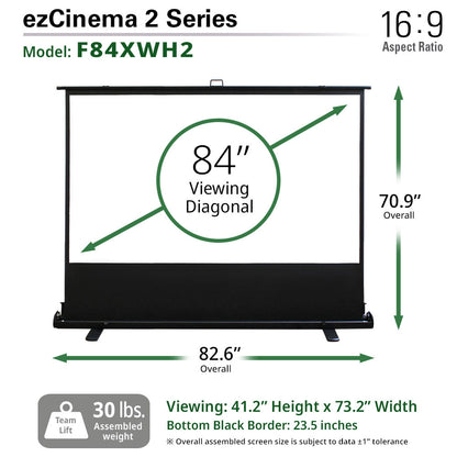 ezCinema 2 Series projector screen with dimensions and specifications on a white background