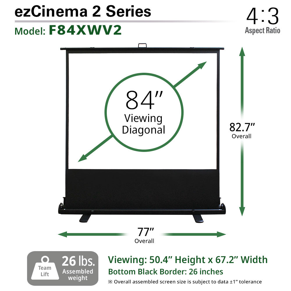 ezCinema 2 Series projector screen with dimensions and specifications on a white background