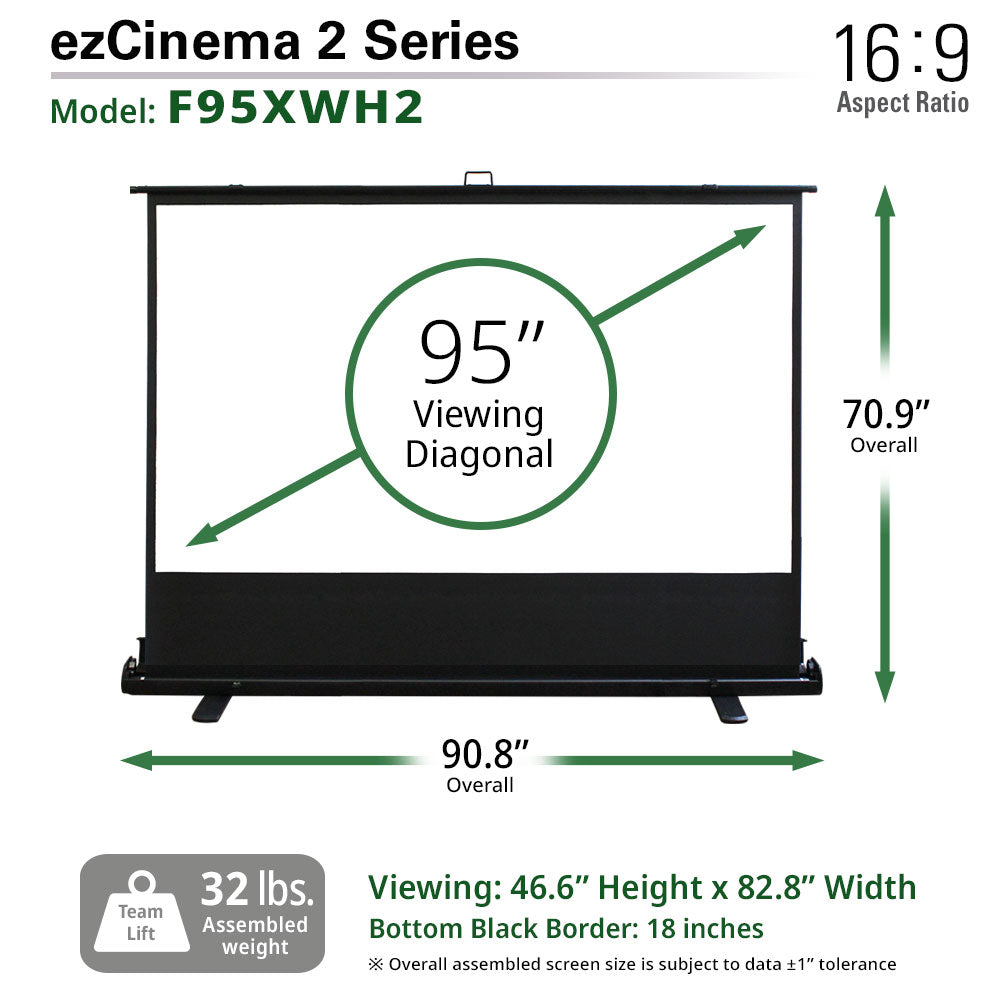 ezCinema 2 Series projector screen with dimensions and specifications on a white background
