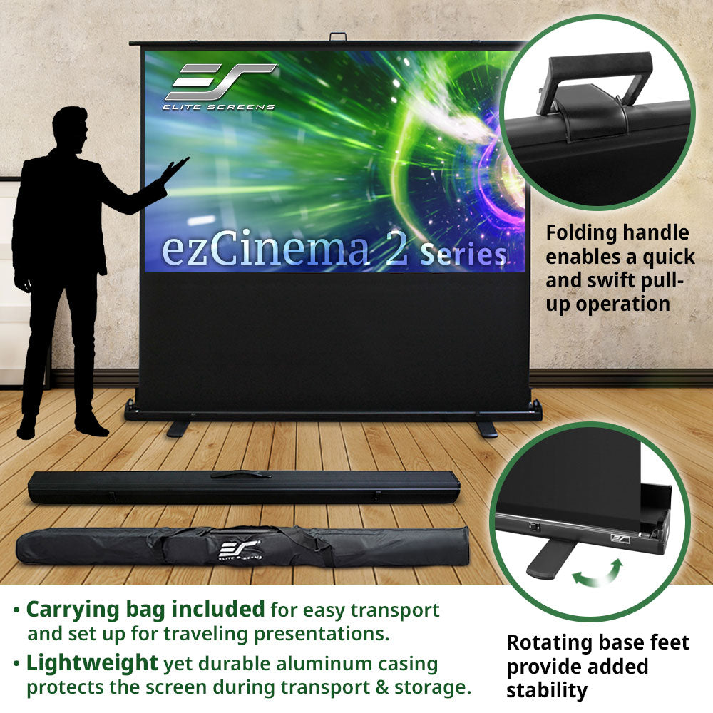 Flite Screens ezCinema 2 Series projector screen with carrying bag and features highlighted