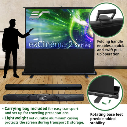 Flite Screens ezCinema 2 Series projector screen with carrying bag and features highlighted
