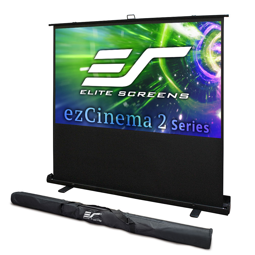 Elite Screens ezCinema 2 Series projector screen with carrying case on a white background