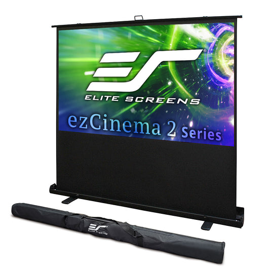Elite Screens ezCinema 2 Series projector screen with carrying case on a white background