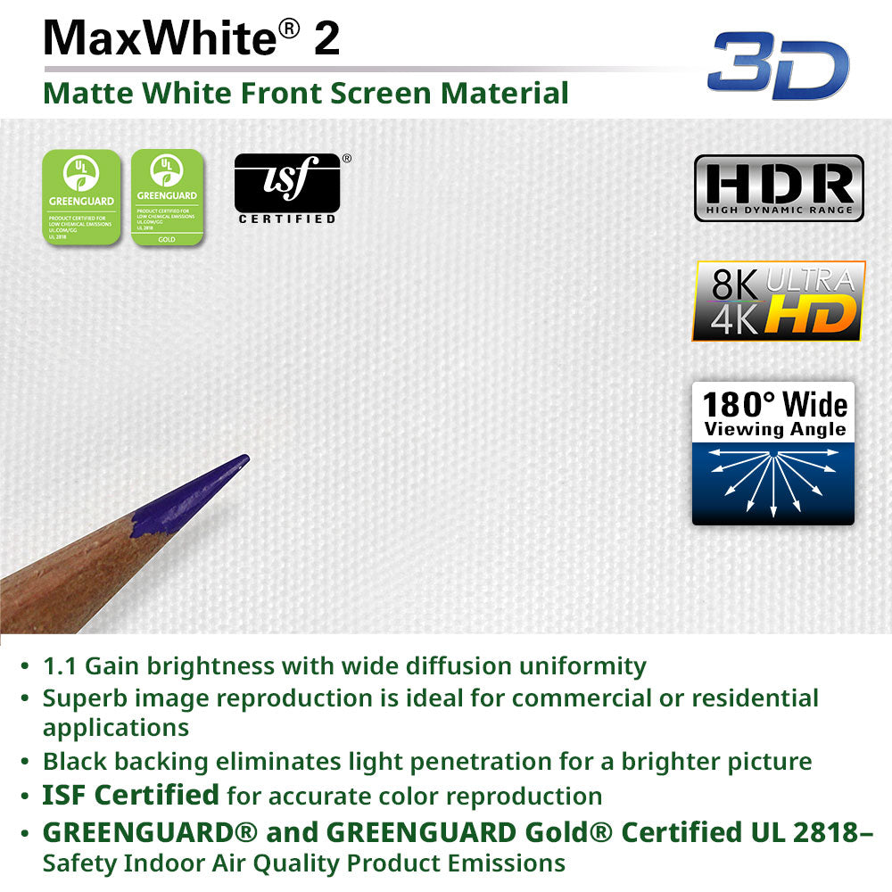 MaxWhite 2 front screen material packaging with certification logos and features listed.