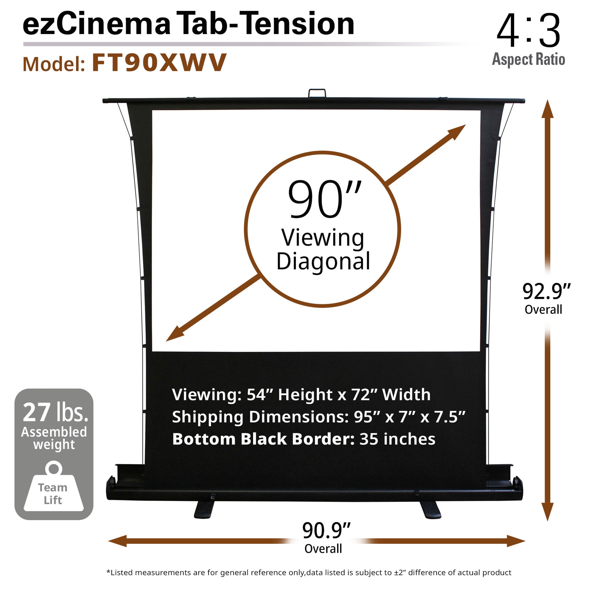 ezCinema Tab-Tension projector screen with dimensions and specifications on a white background