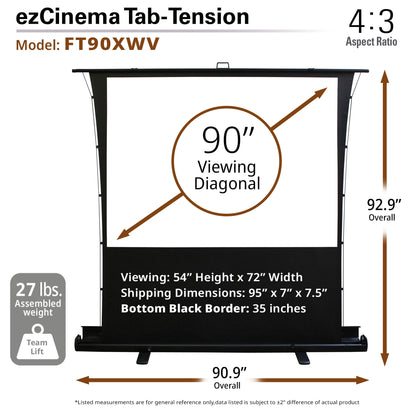 ezCinema Tab-Tension projector screen with dimensions and specifications on a white background