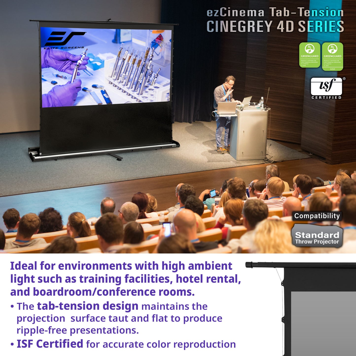 Person giving a presentation in front of an audience with a large screen displaying content.