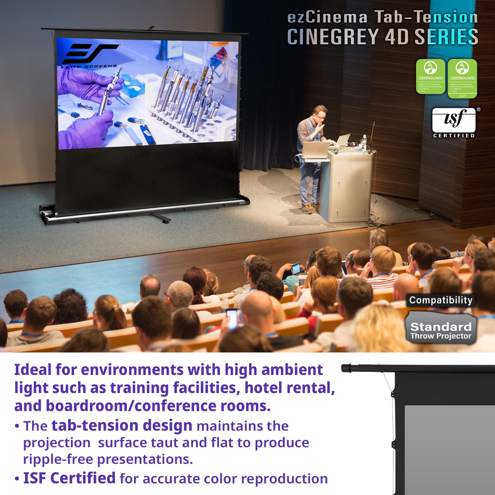 Person giving a presentation in front of an audience with a large screen displaying content.