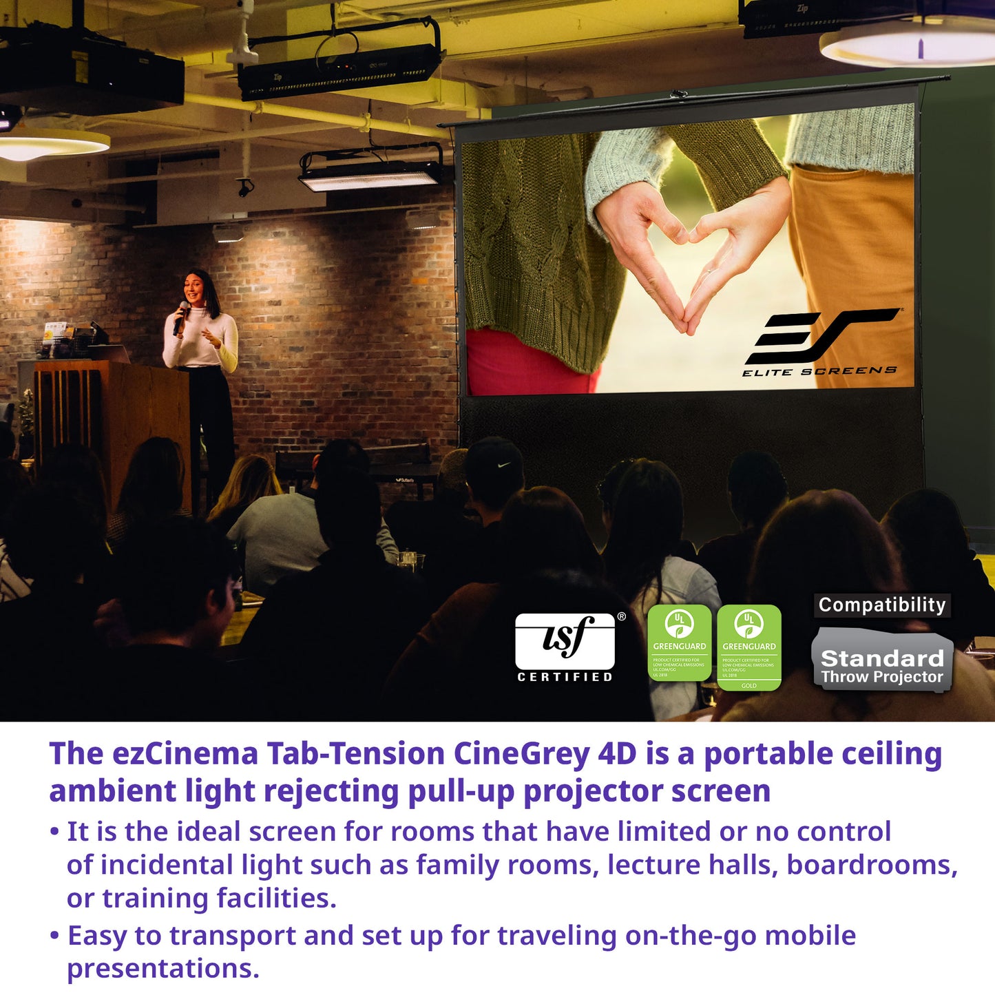 Projector screen with audience in a room, featuring Elite Screens branding.