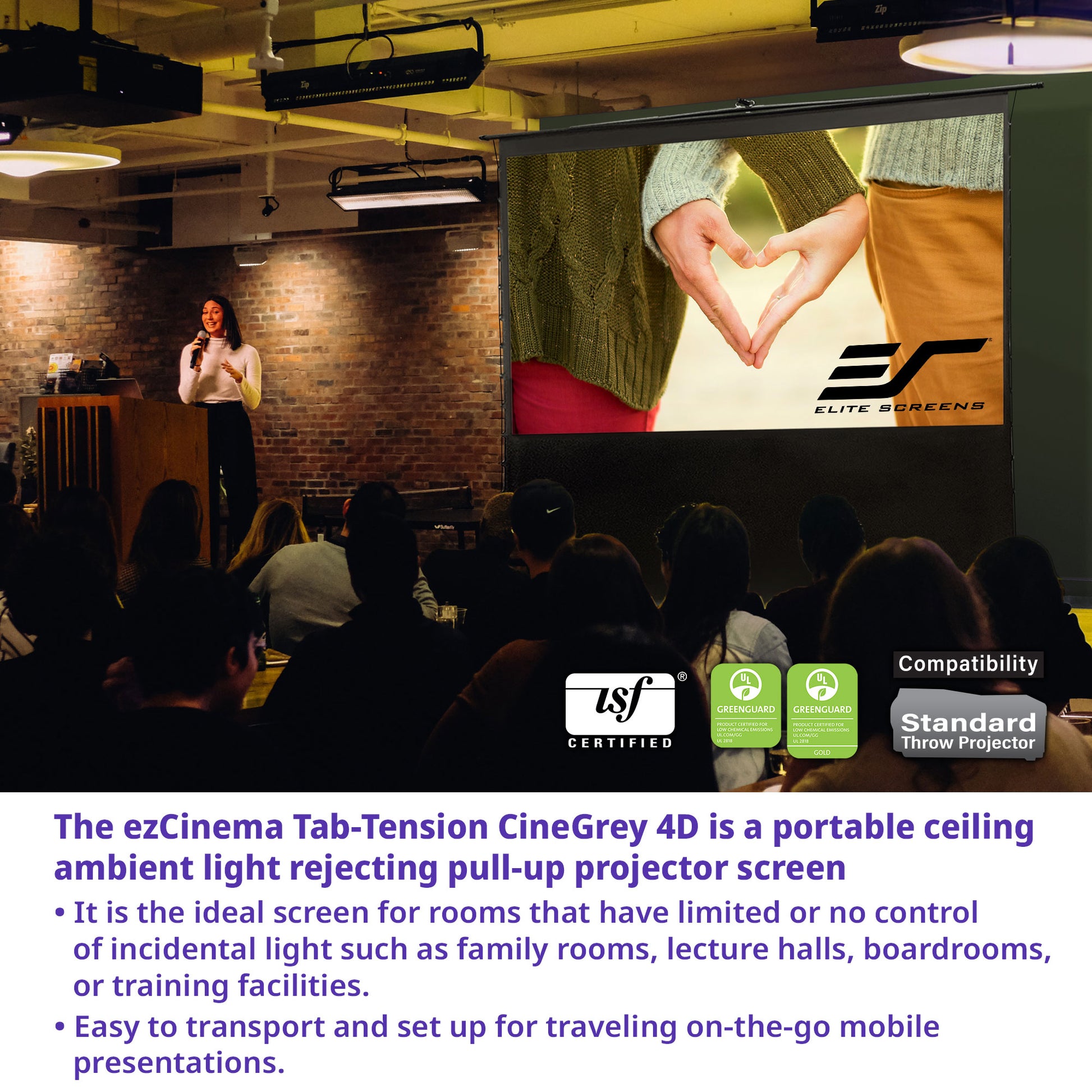 Projector screen with audience in a room, featuring Elite Screens branding.
