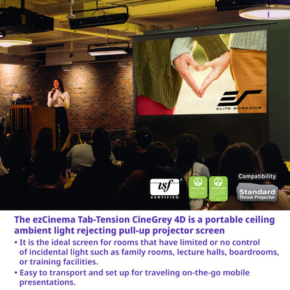 Projector screen with audience in a room, featuring Elite Screens branding.