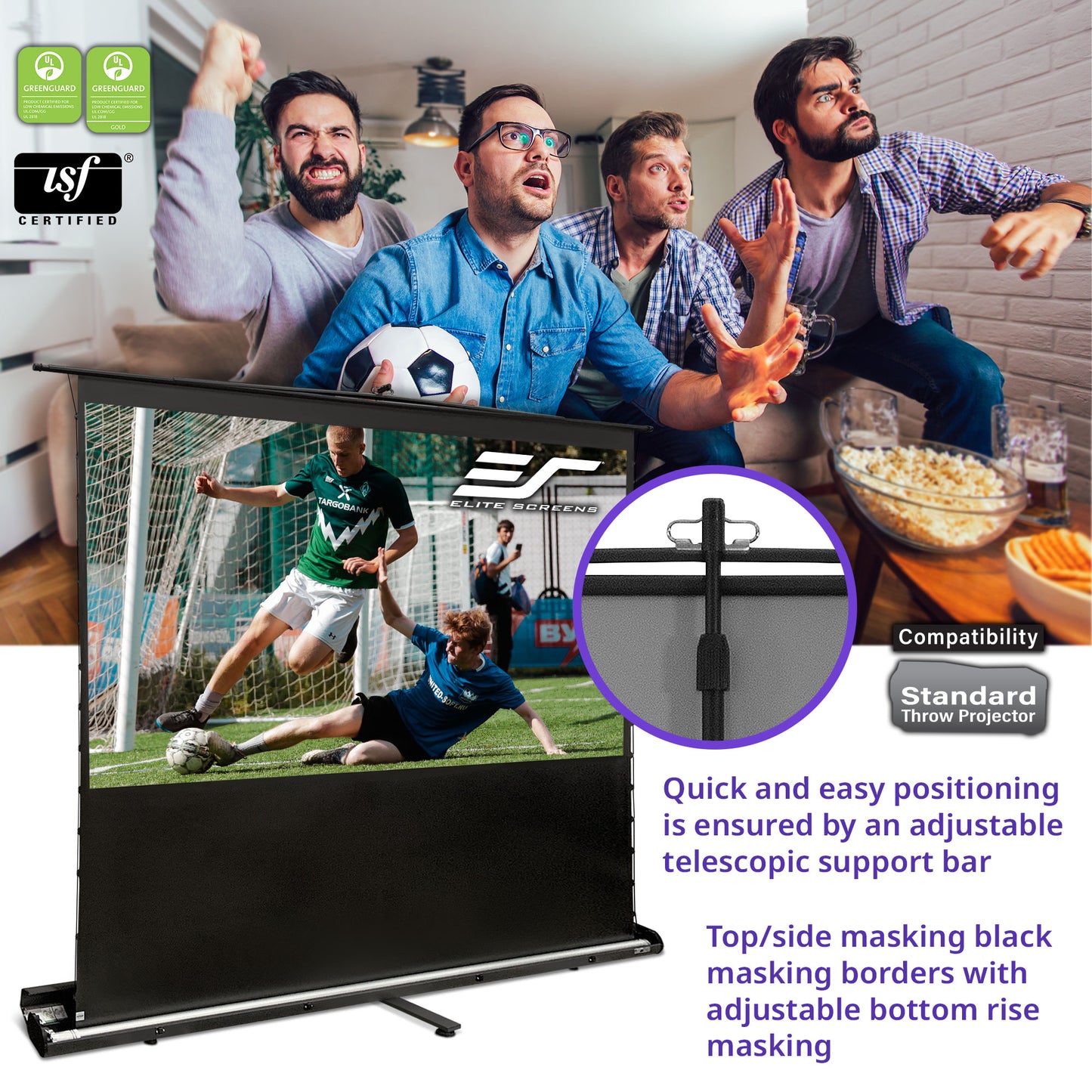 People watching a soccer match on a screen with a projector and screen setup.