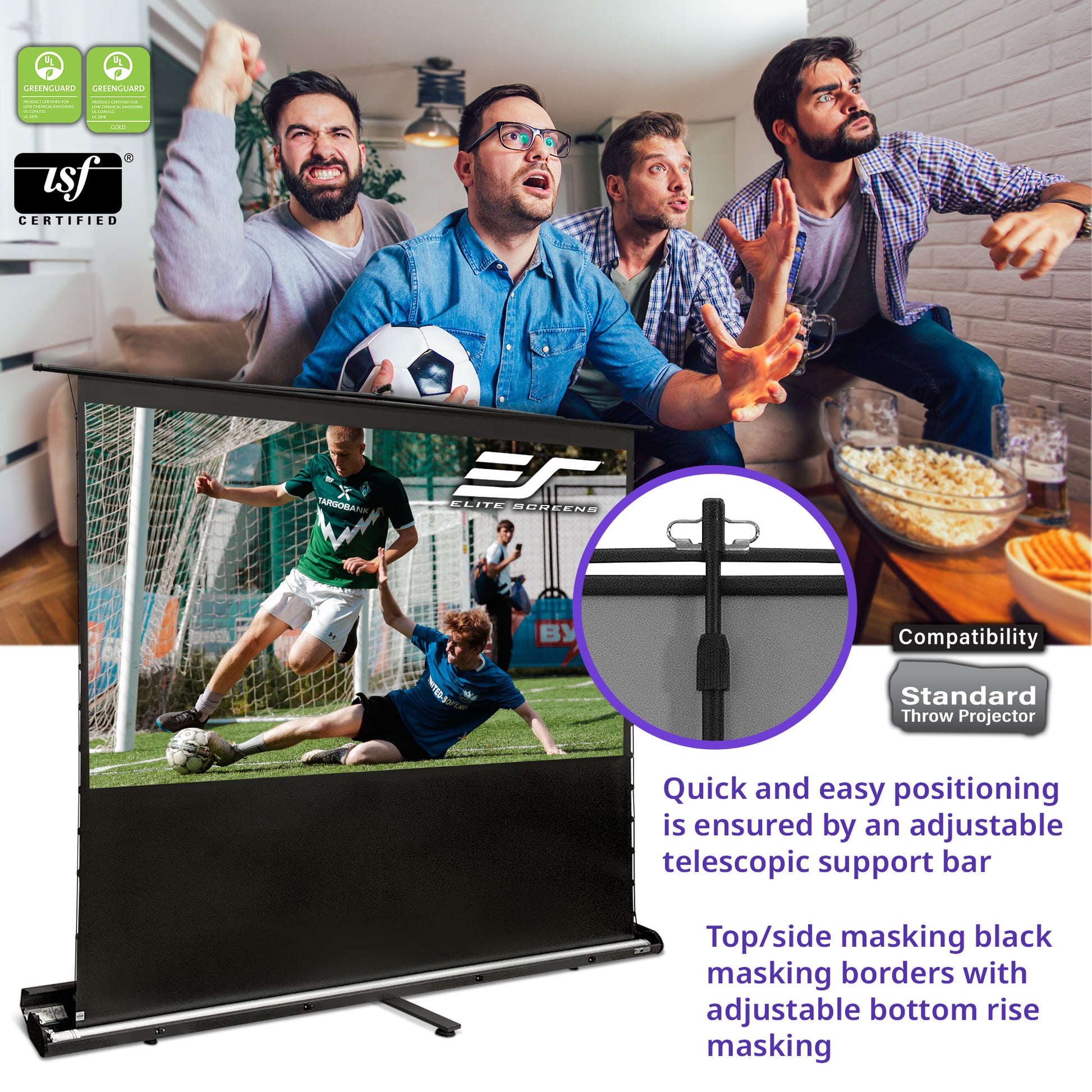 People watching a soccer match on a screen with a projector and screen setup.