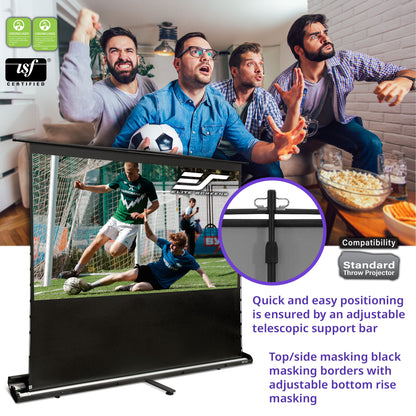 People watching a soccer match on a screen with a projector and screen setup.