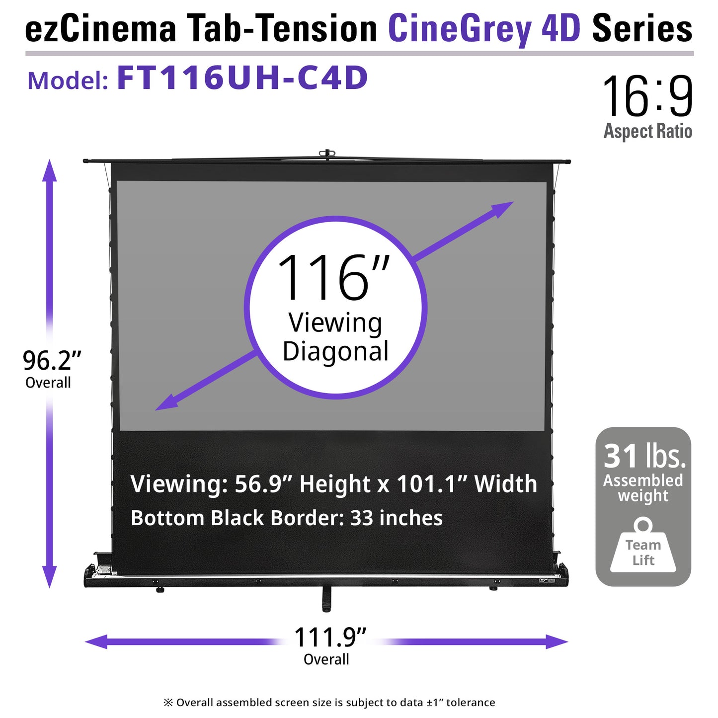 ezCinema Tab-Tension CineGrey 4D Series projector screen with dimensions and weight information.