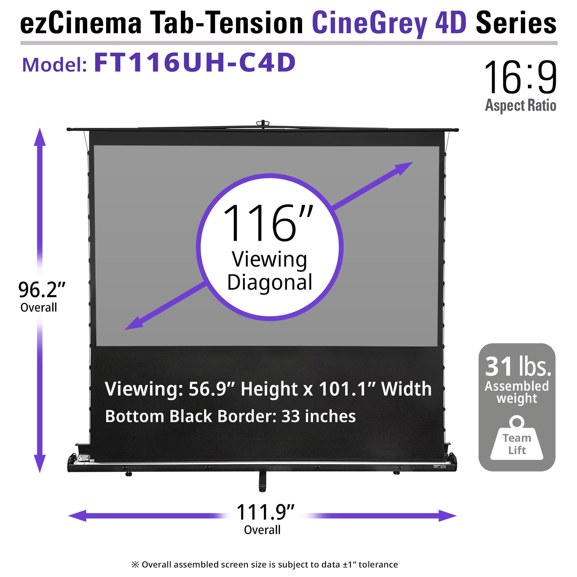 ezCinema Tab-Tension CineGrey 4D Series projector screen with dimensions and weight information.