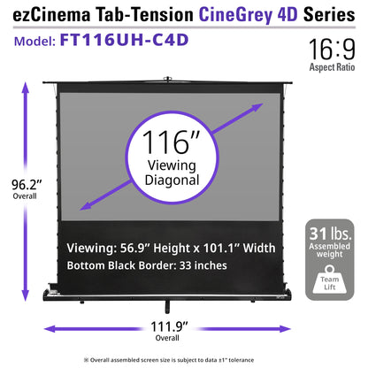 ezCinema Tab-Tension CineGrey 4D Series projector screen with dimensions and weight information.