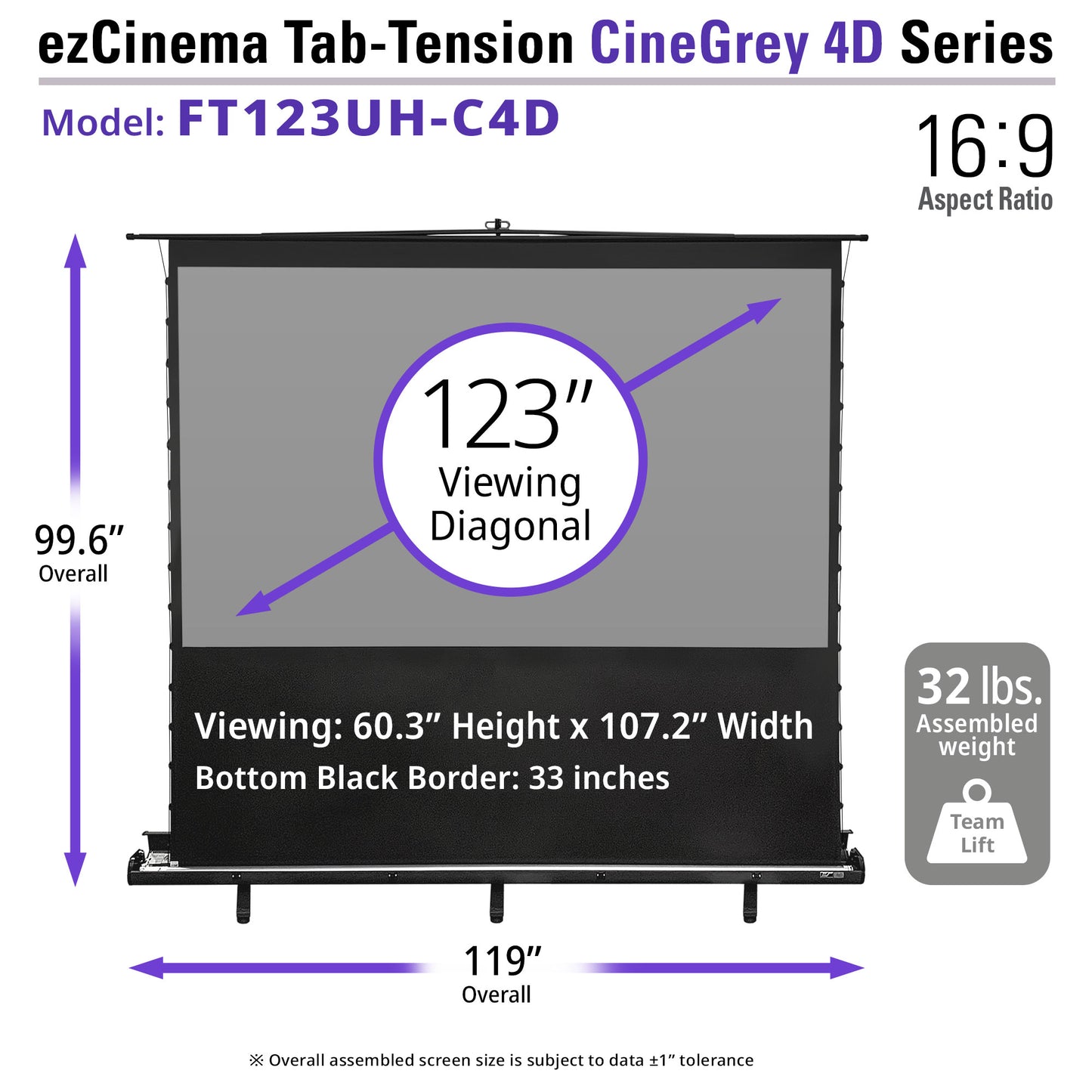 ezCinema Tab-Tension CineGrey 4D Series projector screen with dimensions and weight information.