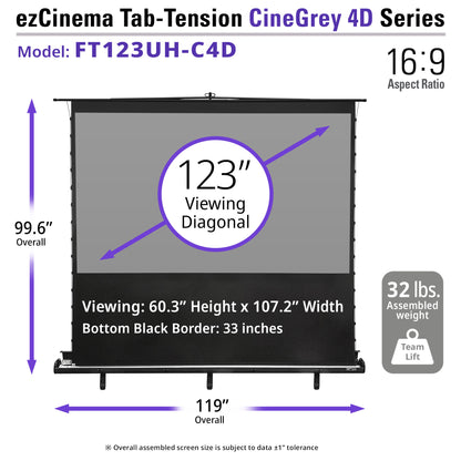 ezCinema Tab-Tension CineGrey 4D Series projector screen with dimensions and weight information.