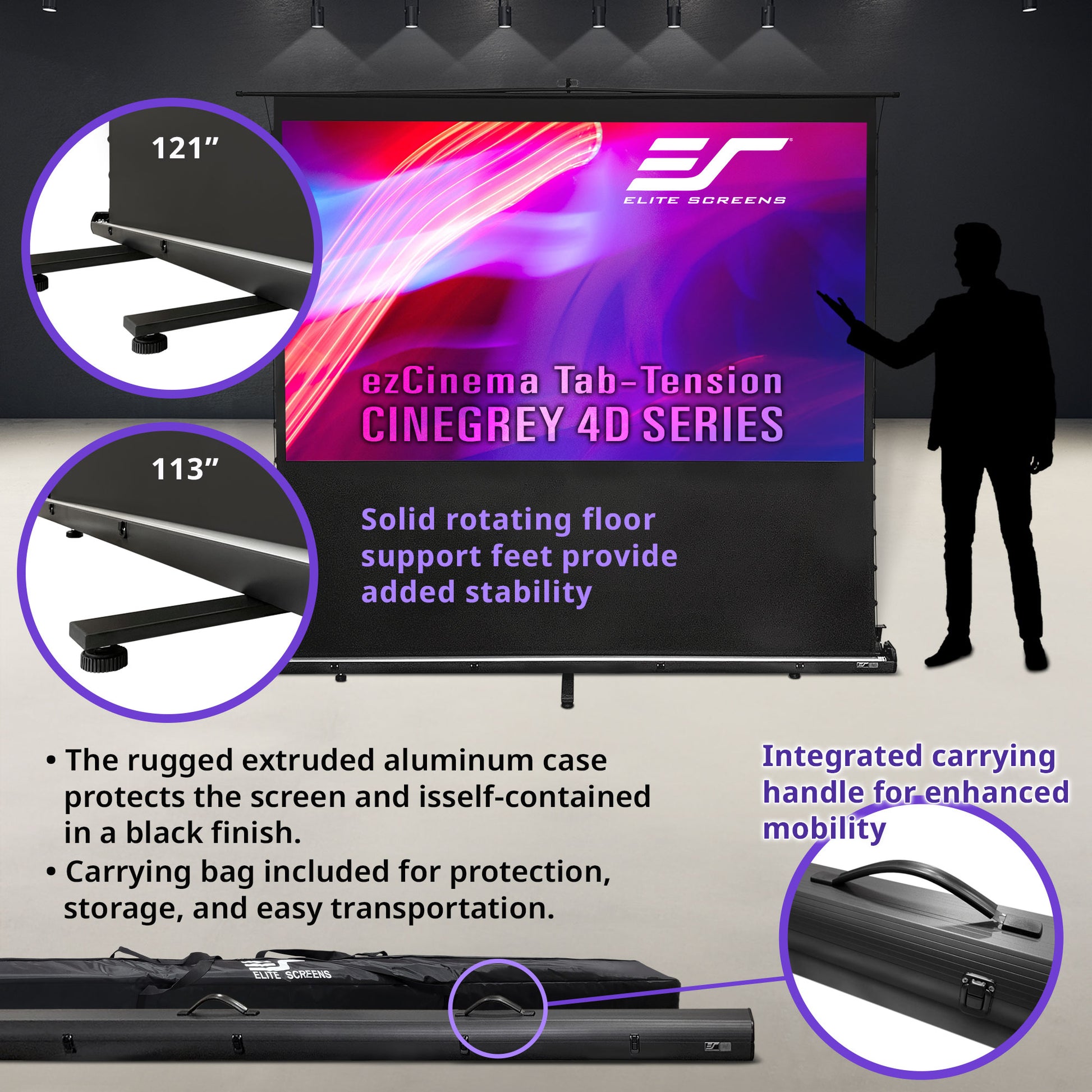 Elite Screens ezCinema Tab-Tension CINEGREY 4D Series projector screen with features highlighted.