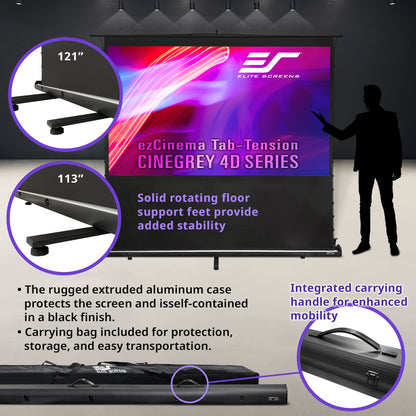 Elite Screens ezCinema Tab-Tension CINEGREY 4D Series projector screen with features highlighted.