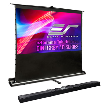 Elite Screens ezCinema Tab-Tension Cinegrey 4D Series projector screen with carrying case on a white background