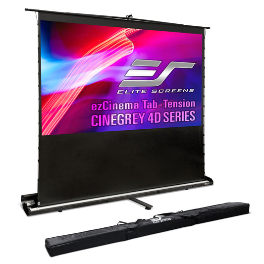 Elite Screens ezCinema Tab-Tension Cinegrey 4D Series projector screen with carrying case on a white background