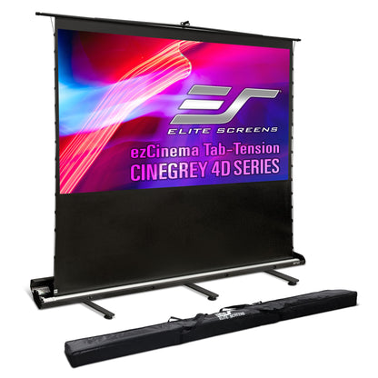 Elite Screens ezCinema Tab-Tension Cinegrey 4D Series projector screen with carrying case on a white background