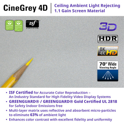 CineGrey 4D screen material with certifications and features listed on a gray background