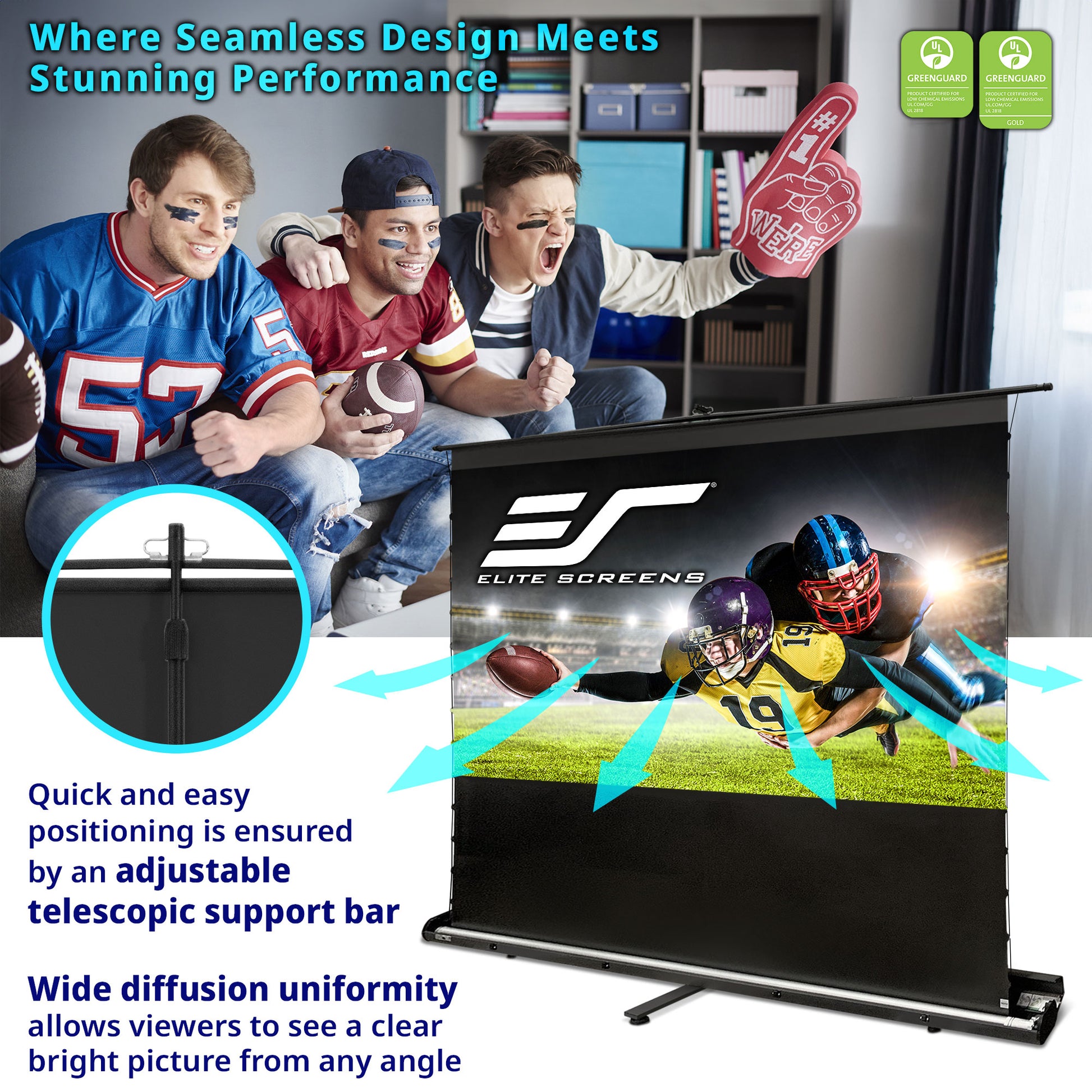 Elite Screens advertisement with people watching sports on a screen, emphasizing design and performance.