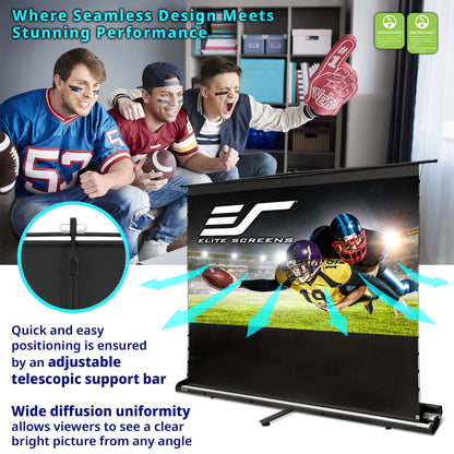 Elite Screens advertisement with people watching sports on a screen, emphasizing design and performance.