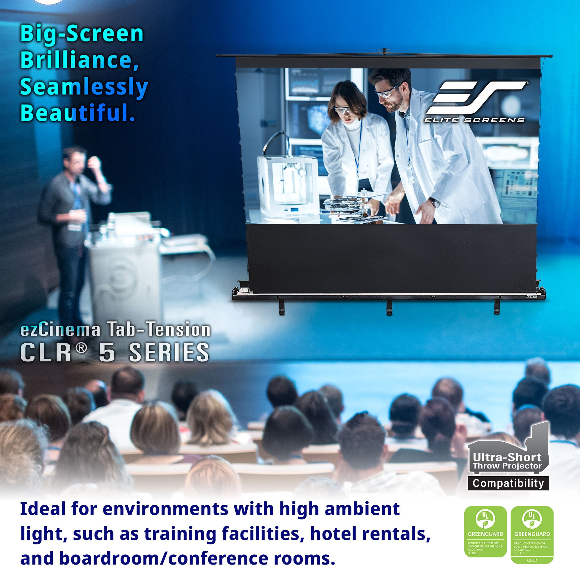 Portable projector screen with Elite Screens branding in a conference room setting.