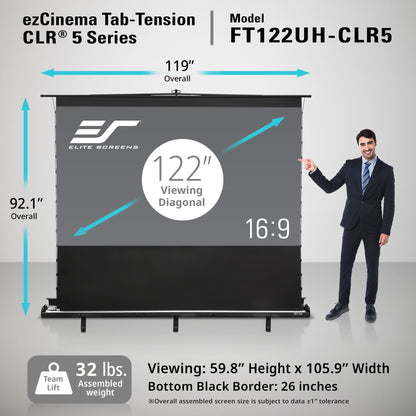 Elite Screens ezCinema Tab-Tension CLR 5 Series projector screen with dimensions and features displayed.